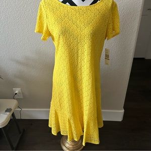 Sharagano || yellow lace midi dress